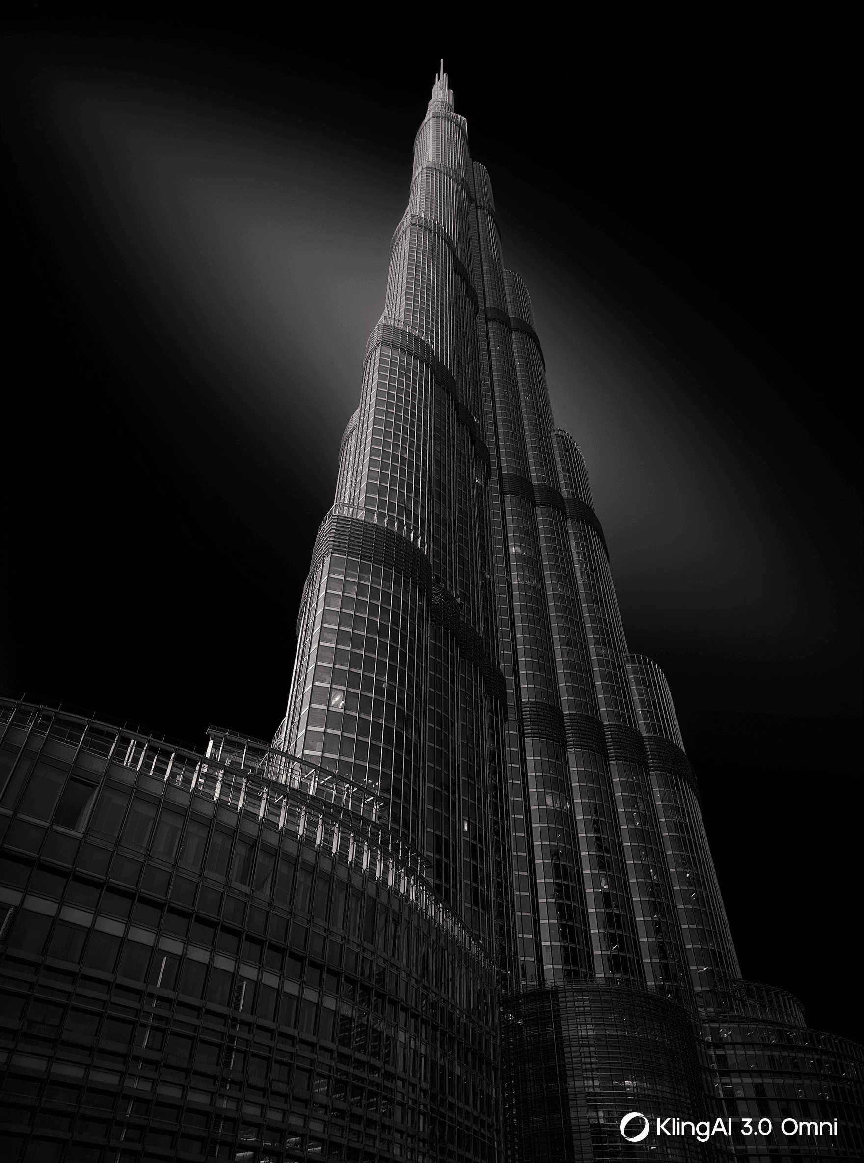 Night architecture in Dubai, photographed from below against a black sky